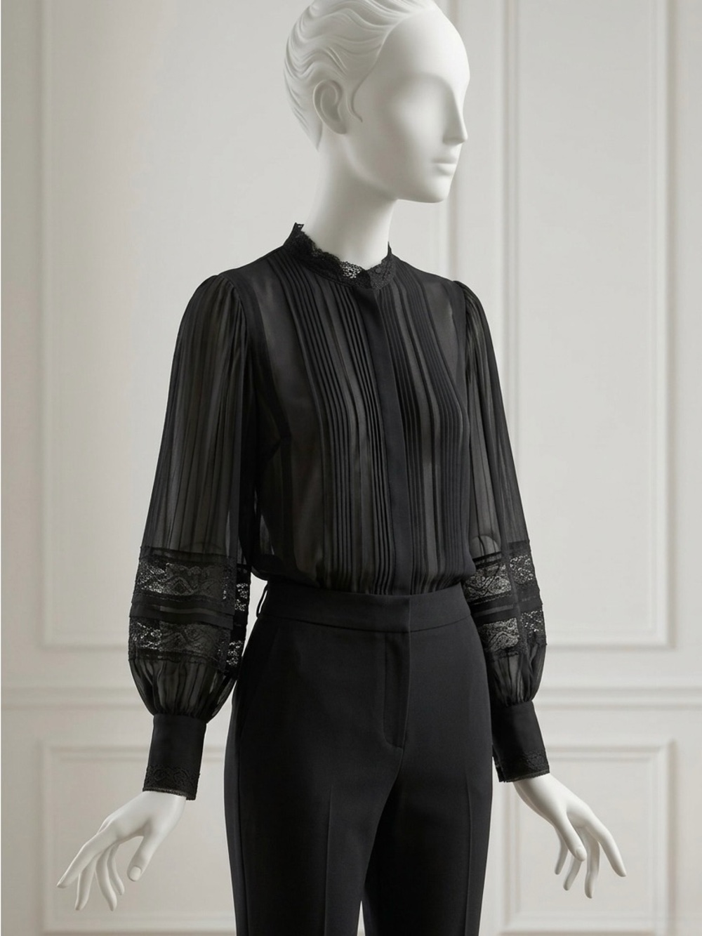 Kobi Halperin Shay Black Lace Inset Silk Blend bishop Sleeve Blouse Sz S NWT - Picture 3 of 15